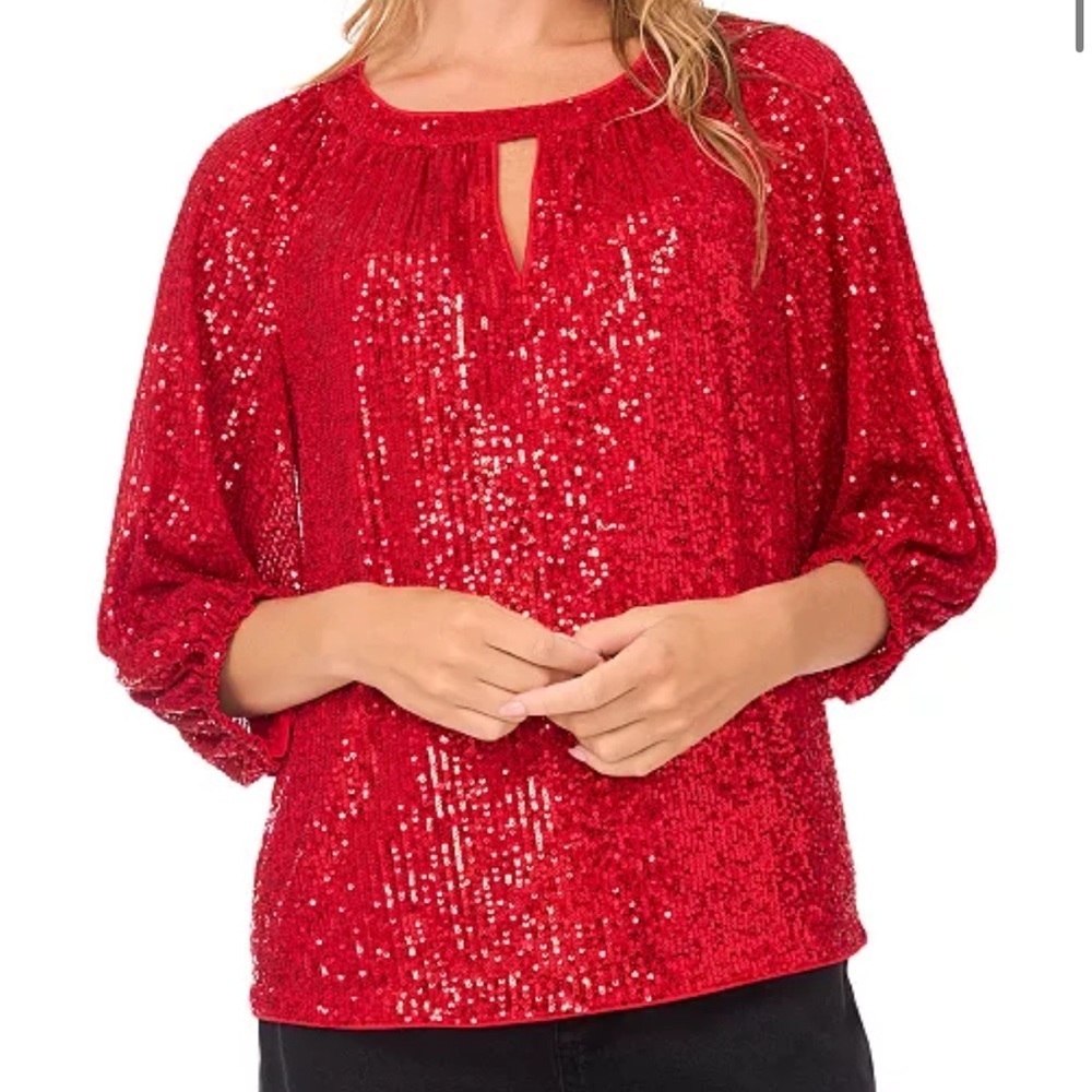 Sam & Jess
Women's Crewneck Keyhole Sequin Puff 3/4-Sleeve Top ultra red